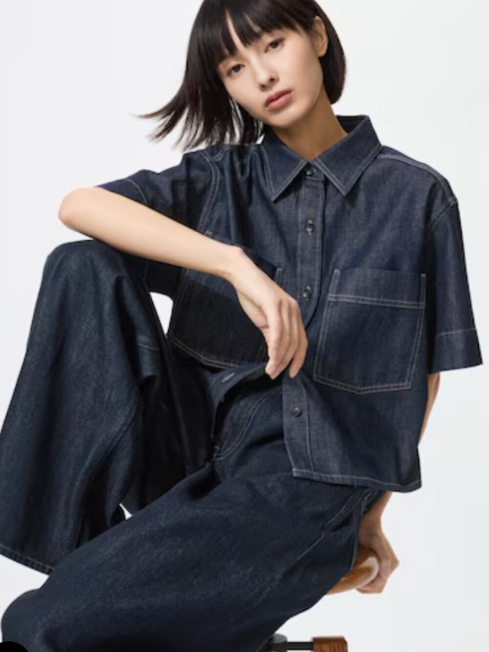 UNIQLO DENIM BOXY SHIRT | HALF SLEEVE IN NAVY SIZE SMALL